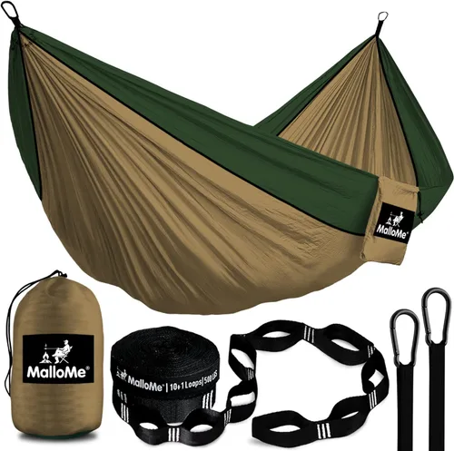 Hamaca MalloMe para una o dos personas, para camping, set de hamaca colgante con 3 correas para árbol, hecha de nailon, es ligera, capacidad para 2