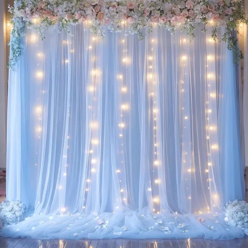Cortinas de fondo de tul transparente color azul bebé con cadena de luces para fiestas, baby shower, decoración para niños, despedida de soltera,