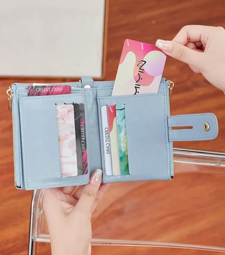Miniatura 5 de AOXONEL Billeteras pequeñas de cuero plegable Rfid para mujer, billetera de viaje tamaño mediano con cadena de muñeca extraíble, ranuras