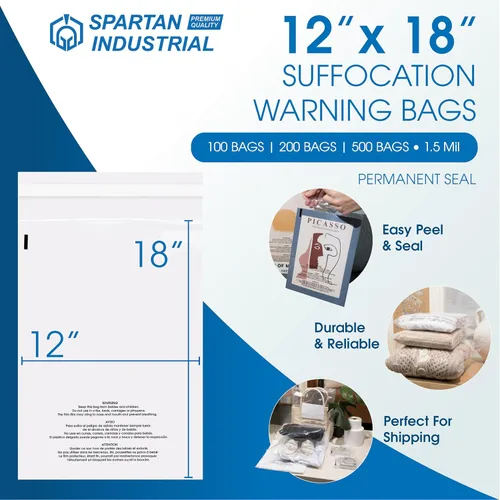 Miniatura 2 de Spartan Industrial - Bolsas de polietileno transparente autosellantes de 12 x 18 pulgadas (200 unidades) con advertencia de asfixia para embalaje