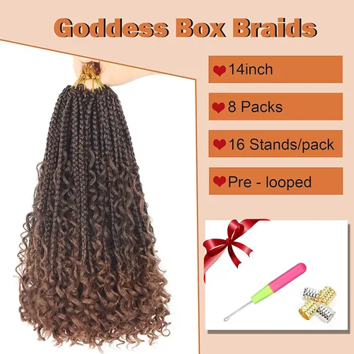 Miniatura 6 de Trenzas de caja Goddess de Crochet con puntas rizadas de 14 pulgadas, trenzas de ganchillo bohemianas, 8 paquetes, 3X trenzas de ganchillo sintético