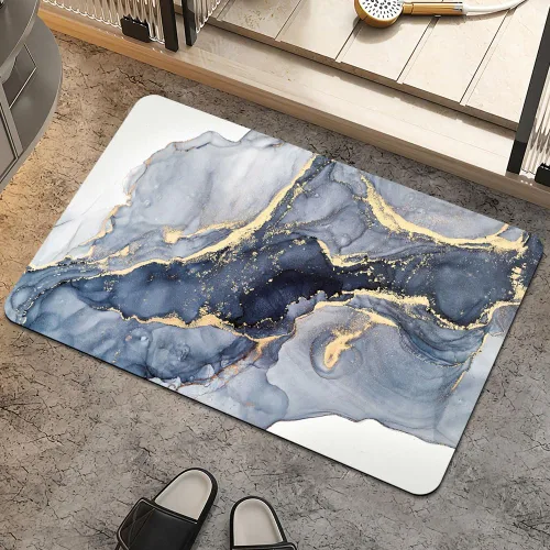 Miniatura 12 de Alfombra de baño, diseño abstracto de mármol azul y dorado, antideslizante, de secado rápido, súper absorbente, delgada, para debajo de la puerta