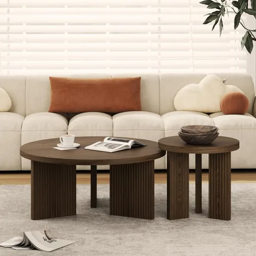 Miniatura 15 de Mesa de café redonda de madera, mesa de café de 35" con mesa gruesa y lisa, mesa central baja circular con patas estables en forma de X, mesa de té