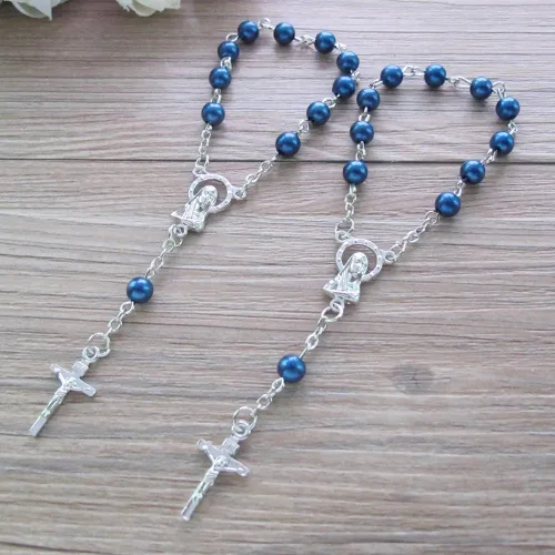 Miniatura 6 de WE Bautismo Favores Mini Rosarios para niño - (24 unidades) Cuentas Azul Marino con Acentos Plateados - Recuerditos De Bautismo - Rosarios de Dedo