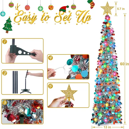 Miniatura 3 de RACPNEL Árbol de Navidad de oropel desplegable de 5 pies con luces LED, lentejuelas, adorno de árbol, árbol de Navidad plegable artificial