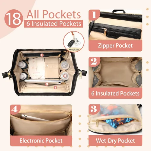 Miniatura 4 de Omanmoli Mochila de cuero grande para pañales con 18 bolsillos organizadores, 6 bolsillos aislados, puerto de carga USB, correas para cochecito