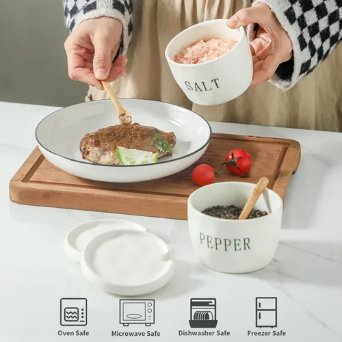 Miniatura 3 de Juego de 2 cuencos de sal y pimienta, recipientes de cerámica para sal y pimienta con tapa y cuchara, juego de soporte de sal y pimienta blanca
