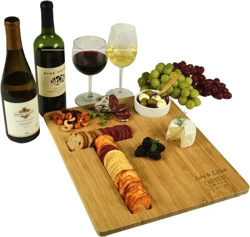 Miniatura 20 de Picnic at Ascot Tablero de queso/embutidos de bambú personalizado personalizado con un surco fresado en forma de letra para galletas – Incluye salsa