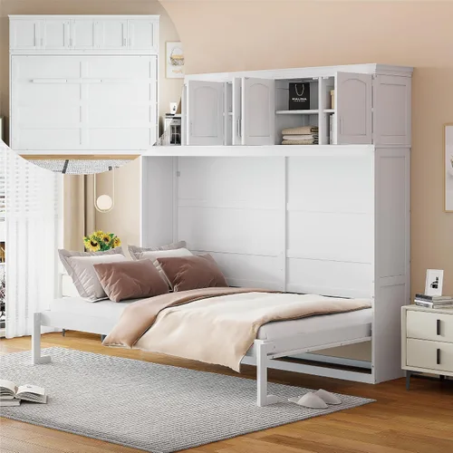 Miniatura 9 de Merax Moderno mueble Murphy con armarios superiores, plataforma de pared de madera maciza, no necesita somier, fácil de montar, color gris