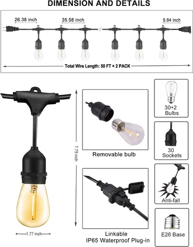 Miniatura 8 de Tira de luces para exteriores, luz de patio de 100 pies con 32 bombillas Edison regulables S14 inastillables, iluminación exterior resistente al