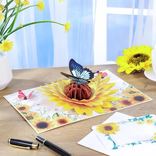 Miniatura 2 de SISTIMON Tarjeta emergente de girasol y mariposa del día de la madre, tarjeta de cumpleaños emergente 3D de 6x 8, regalo ideal para el día
