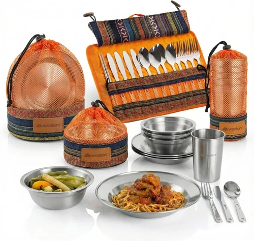 Miniatura 5 de Wealers - Juego completo de vajilla viajera de acero inoxidable pulido, vajilla para campamento o para bufet. Incluye vasos, platos, tazones, Verde
