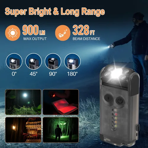 Miniatura 2 de BORUIT V30 linterna LED pequeña y potente EDC con luz roja y UV de 365nm, rotación de 180°, linterna plana de bolsillo y llavero recargable USB