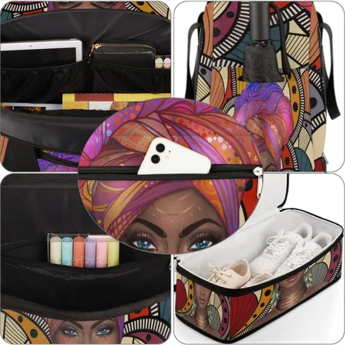 Miniatura 6 de Bolsa de viaje africana afro mujer deportiva bolsa de gimnasio para mujer y hombre, bolsa plegable impermeable para fin de semana para entrenamiento