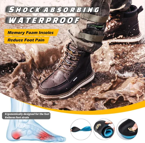 Miniatura 5 de KELODON Botas de trabajo impermeables con punta de acero para hombre, botas de trabajo de cuero de 6 pulgadas para hombre, zapatos de punta de acero