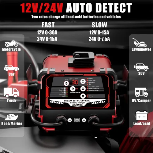 Miniatura 2 de Cargador de batería de coche de 12 V/24 V y arrancador del motor, mantenedor de batería de 0-30 A, amperios de arranque de 130 A, desulfatador