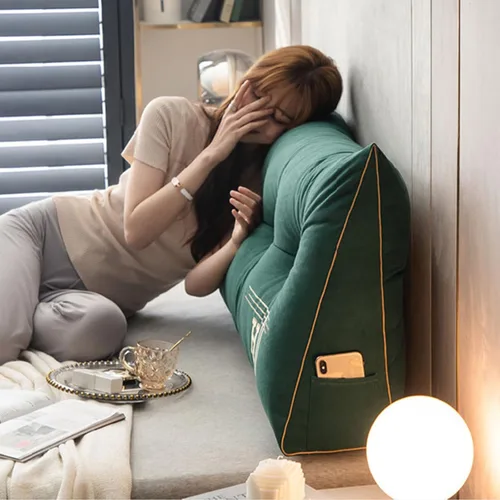 Miniatura 6 de HM&DX Almohada de lectura triangular con cuña para cabecero, almohada de respaldo de terciopelo con funda extraíble y bolsillos laterales