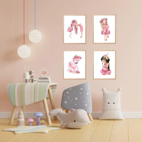 Miniatura 6 de Lienzo decorativo para pared de niña flamenco, cuadro rosa acuarela princesa floral decoración de animales para baby shower, baño, cuarto de bebé