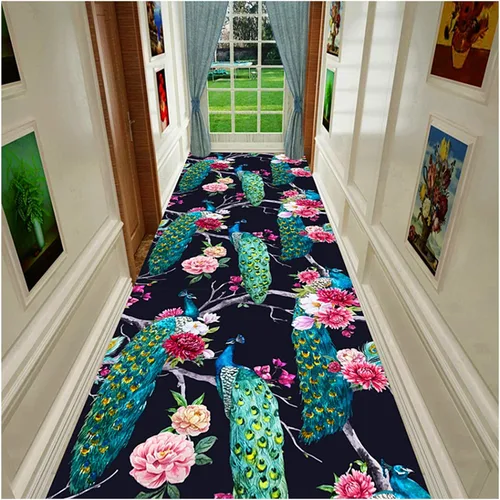 Alfombra antideslizante para pasillo, entrada, lavable a máquina, patrón floral y pavo real, alfombra de área para pasillos, resistente a las