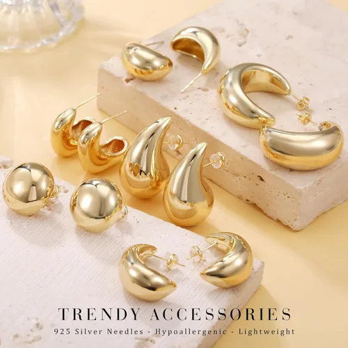 Miniatura 5 de LOUMILEO 6 Pairs Chunky Gold Hoop Earrings Set for Women 14K Gold Plated Teardrop Waterdrop Earrings Dupes Lightweight Hypoallergenic Gold Earrings