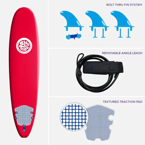 Miniatura 6 de Bloo Tide Tabla de surf de 8 pies con parte superior suave roja con diseño de Wavizm azul gráfico inferior
