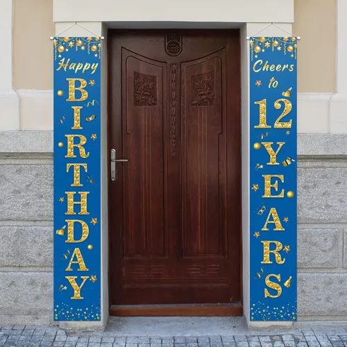 Miniatura 4 de Cartel de feliz cumpleaños número 12 para porche, decoración azul – Decoración temática de fiesta de bienvenida a los 12 años para niños y niñas