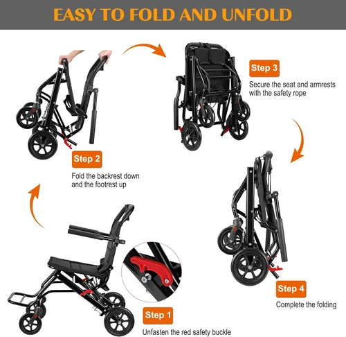 Miniatura 4 de Silla de ruedas ligera, silla de ruedas plegable portátil con frenos de mano de bloqueo, sillas de ruedas plegables para adultos y personas mayores