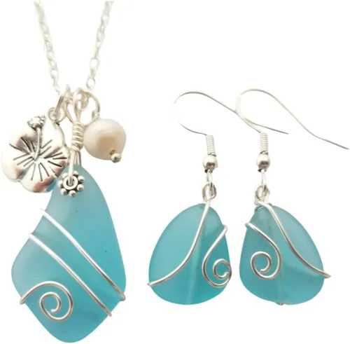 Juego de collar de cristal de mar azul turquesa envuelto en alambre + aretes, piedra natal de diciembre, hibisco y perla de agua dulce, (regalo de