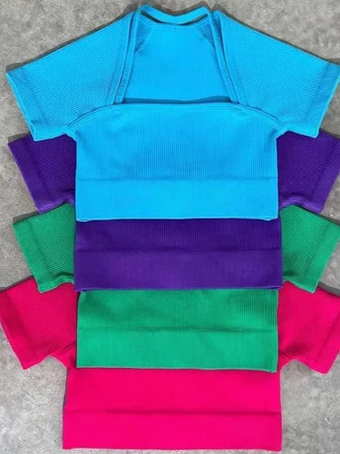Miniatura 6 de OQQ Conjunto de 2 piezas de entrenamiento para mujer, con detalle de tirantes acanalados sin costuras, top corto de cintura alta