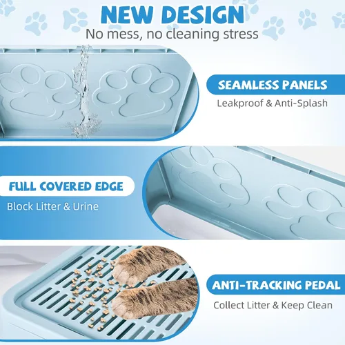 Miniatura 5 de Caja de arena cubierta para gatos con alfombrilla de arena, plegable, extra grande, puerta ajustable de doble entrada, diseño de cajón, caja de Azul