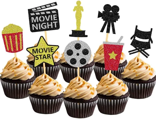 Decoración para cupcakes de teatro, decoración de pasteles para cumpleaños, películas, fiestas, suministros de comida – Juego de 24