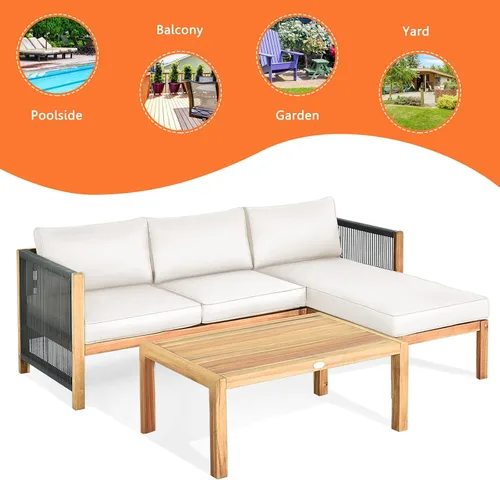 Miniatura 9 de Tangkula Juego de muebles de exterior en forma de L, juego de conversación de patio de madera de acacia de 3 piezas, con 2 sofás biplaza y mesa