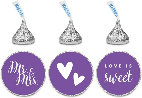 Andaz Press Trío de etiquetas de gota de chocolate, boda, señor y señora, morado, paquete de 216, para despedida de soltera, regalos de fiesta de