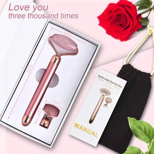 Miniatura 5 de Rodillo masajeador facial de jade vibratorio 2 en 1, rodillo facial eléctrico de cuarzo rosa para presionar el aceite de crema para la piel