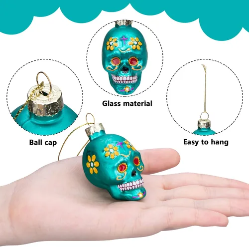 Miniatura 3 de 12 piezas de adornos de vidrio del Día de los Muertos - Adornos de calavera de azúcar del Día de los Muertos - Adorno de cabeza de esqueleto