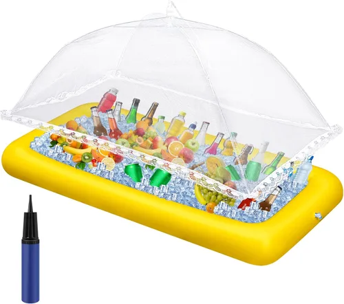 Miniatura 7 de Leitee Kit de barra inflable de 3 piezas, incluye bandeja de buffet de ensalada con tapón de drenaje, cubierta de malla, recipientes de bebidas