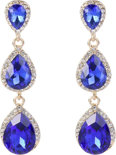 Miniatura 105 de EleQueen Pendientes de cristal austriaco en tono dorado para mujer, forma de pera de 2.5 pulgadas, color esmeralda