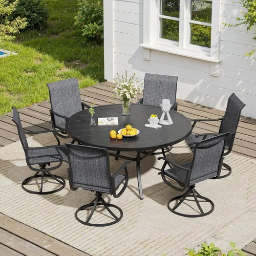 Miniatura 70 de VICLLAX Muebles pequeños de exterior de 3 piezas, 2 sillas giratorias de patio y mesa redonda pequeña para 2, sillas de carbón oscuro y negro