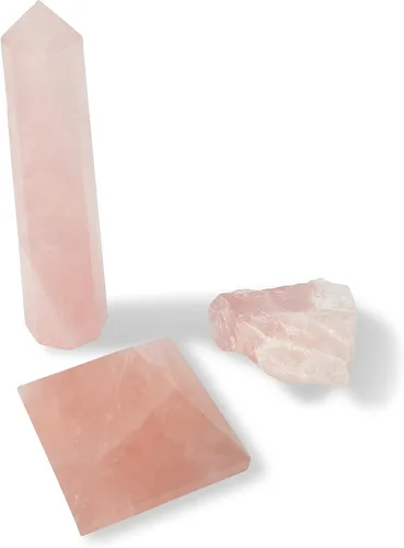 Miniatura 9 de Beverly Oaks Colección de 3 piezas de cristal de cuarzo transparente natural ~ Torre de obelisco, pirámide y trozo de cuarzo transparente crudo ~