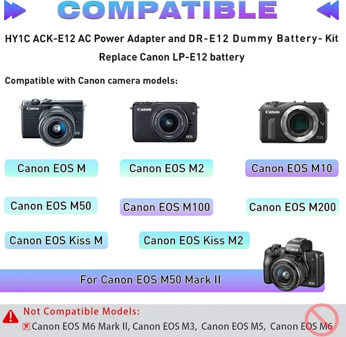Miniatura 2 de ACK-E12 Adaptador de corriente AC/DR-E12 Acoplador de CC Kit de batería ficticia Para cámaras Canon EOS M50, EOS M50 Mark II, EOS M200, EOS M100
