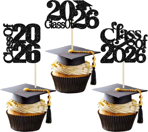 Miniatura 32 de 24 piezas 2026 decoraciones para cupcakes de graduación 2026 con purpurina clase de 2026 para graduación de graduación para felicitaciones 2026