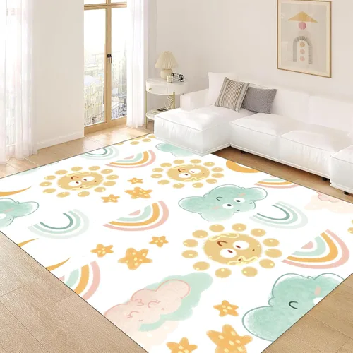 Miniatura 9 de Alfombras suaves de arco iris para dormitorio de niña, alfombras coloridas y peludas, alfombras de juego para niños, estampado de nube blanca, arco