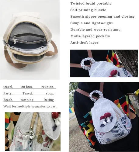 Miniatura 37 de HUANGGUOSHU Mochila de algodón tejida de algodón bohemio con bordado de lona estilo bohemio con múltiples bolsillos retro linda mochila cartera