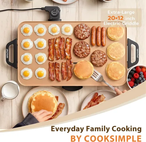 Miniatura 2 de CookSimple Everyday - Plancha eléctrica de 20"x12", superficie cerámica PPG antiadherente de 1700W, diseño plano grande, perfecto para comidas