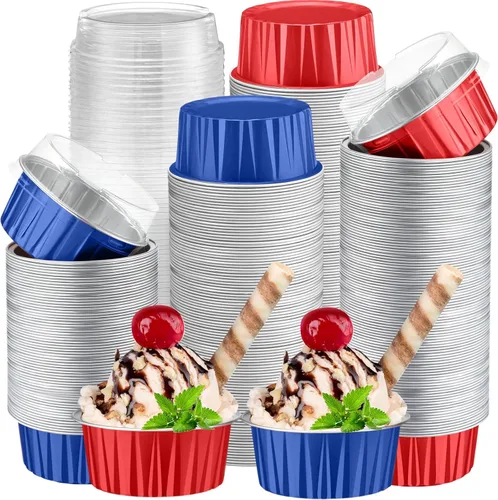 Miniatura 12 de Paquete de 200 Moldes de Papel de Aluminio para Hornear Cupcakes de 5oz Forros para Cupcakes Tazas de Postre con Tapas Moldes Desechables para Verde
