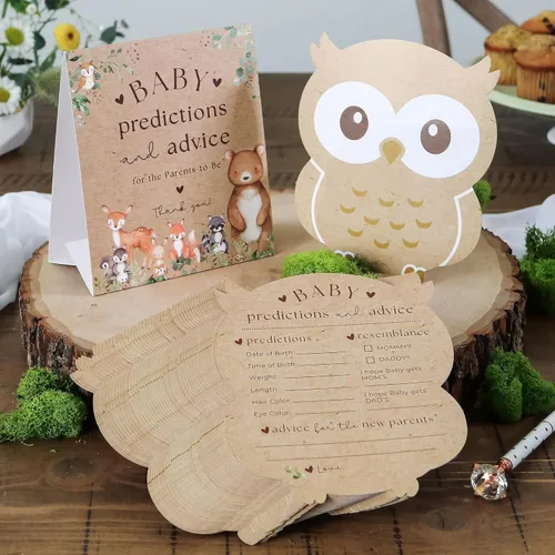 Kate Aspen Tarjetas de consejos de animales del bosque para juego y actividades de baby shower, tarjetas de predicción para bebés, decoraciones de