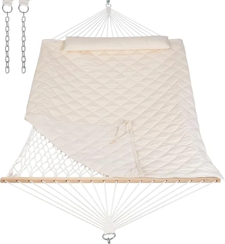 Miniatura 23 de ANOW Hamaca doble de cuerda con barra separadora de madera dura y bolsa de transporte, capacidad de peso de 450 libras para dos personas, natural