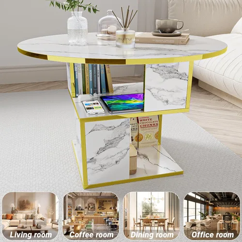 Miniatura 6 de Elephance Mesa de centro redonda con almacenamiento, mesa de centro de 3 niveles para sala de estar, mesa de madera, mármol blanco con marco dorado