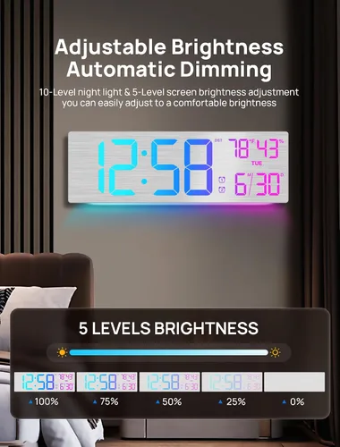 Miniatura 5 de MASHI Reloj de pared digital grande de 18.5", con control remoto, doble alarma con gran pantalla LED, 10 niveles de brillo ajustable, DST, fecha