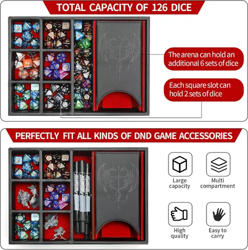 Miniatura 2 de Grajar Bandeja de dados DND y Torre: Almacenamiento portátil de dados con tapa para Dungeons and Dragons, D&D, RPG, MTG y juegos de mesa (Rojo)